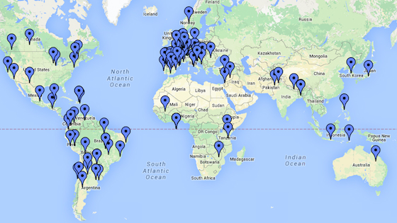 World map displaying campaigns, mobilizations and actions on April 17, 2015